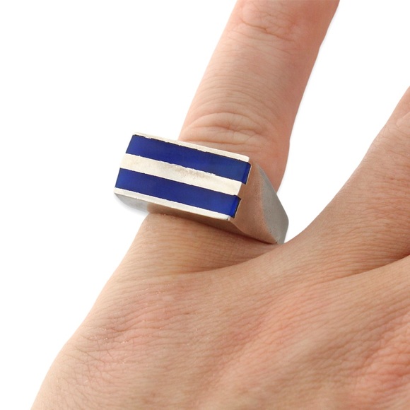 Vintage Blue Stripe Silver Ring Size 5.5 Modernist Chunky Rectangle Inlay Band - Picture 6 of 6